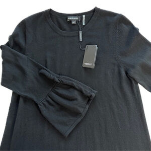 New Repeat Merino Wool Black Midi Sweater Dress Bell Sleeve Crewneck Small EU 38